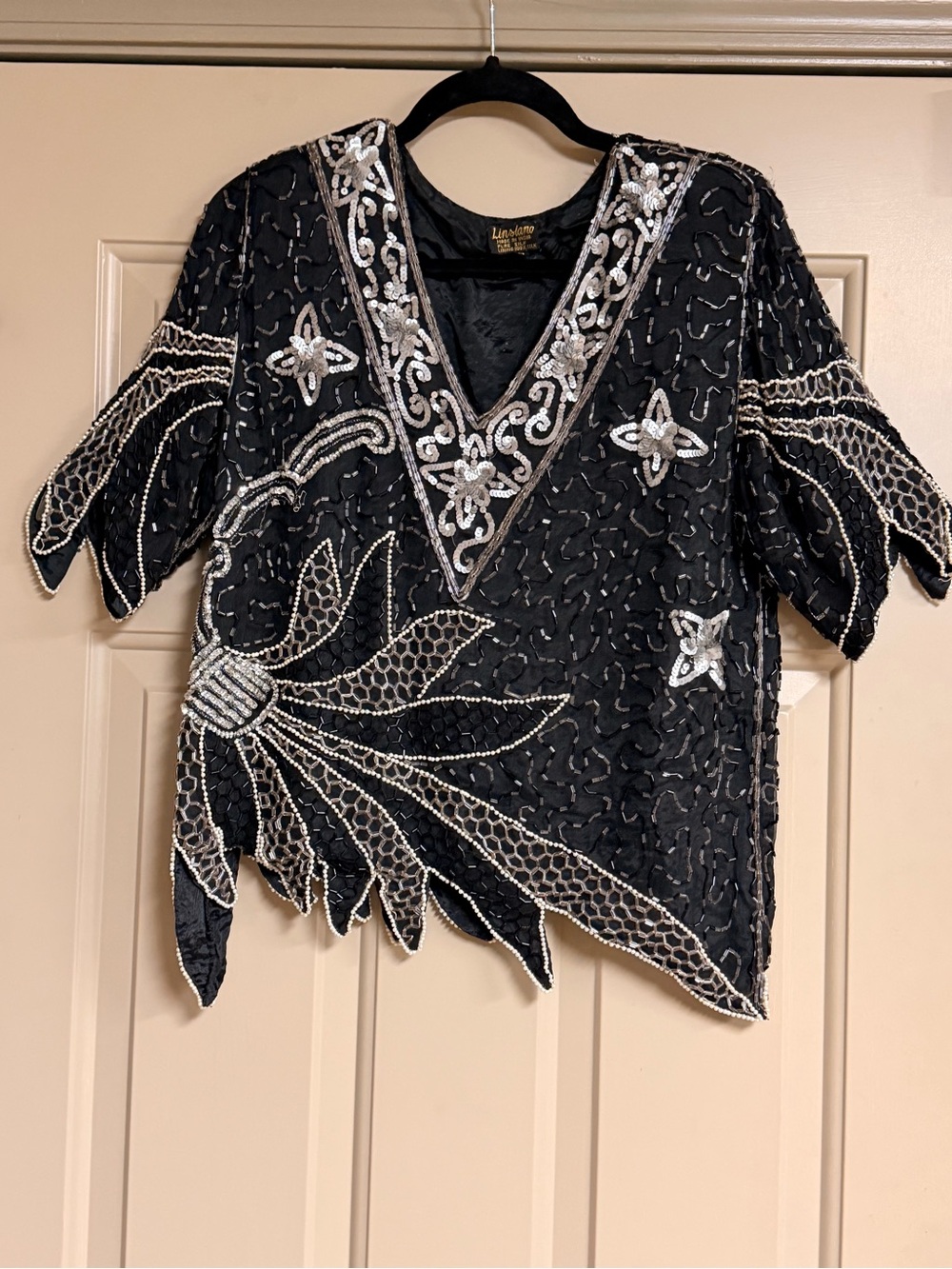 Linsiano Women’s Size M Black & Silver Silk Beaded Sequin V-Neck Vintage Blouse